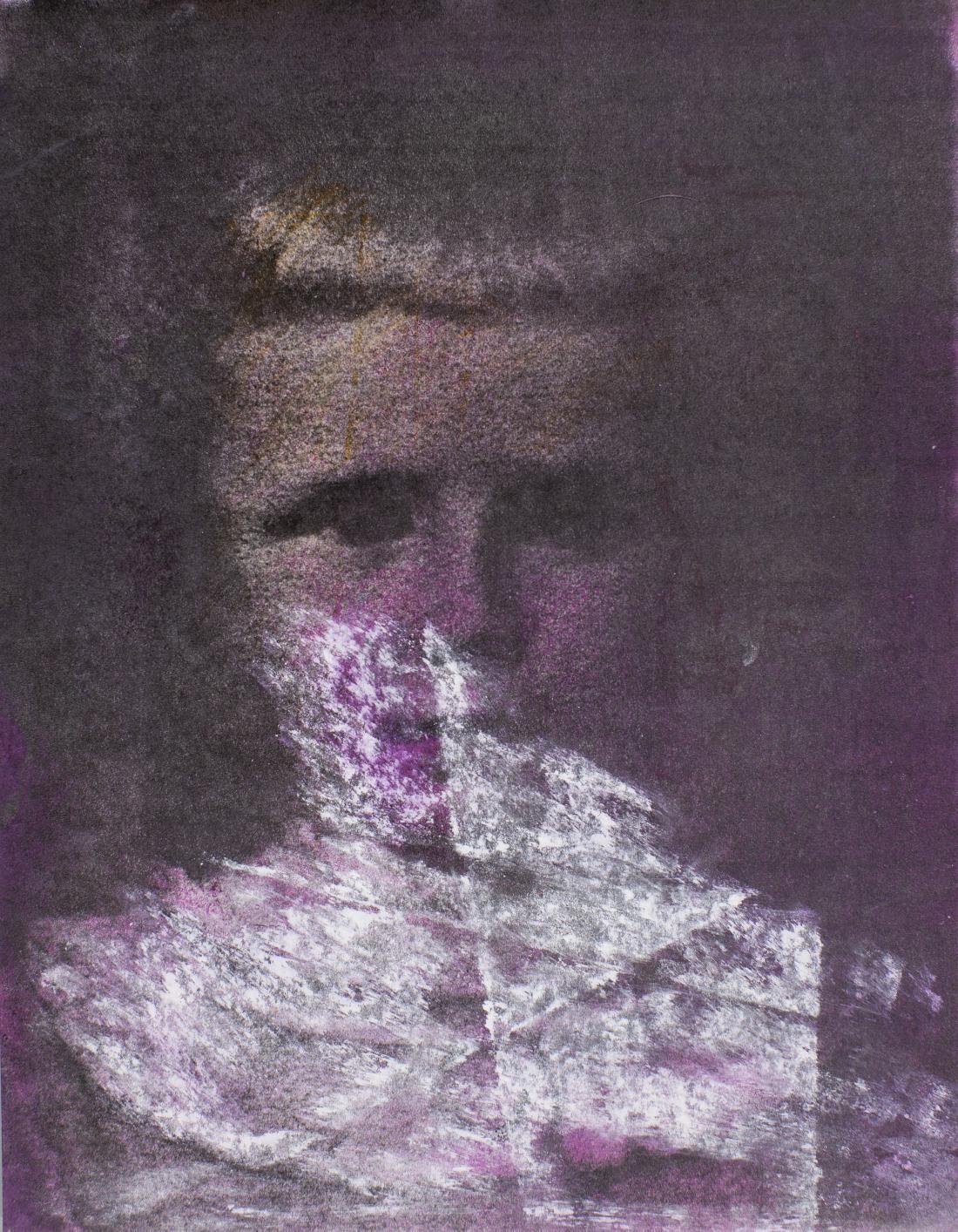 [Untitled] (Printed image of a child in black and white with purple watercolor and white chalk superimposed )