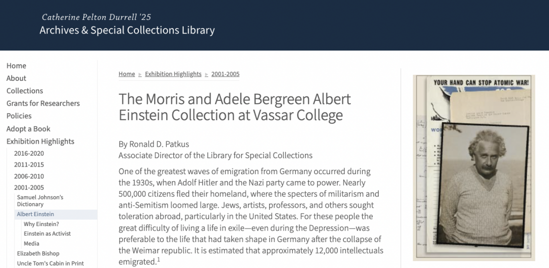 [Exhibition] The Morris and Adele Bergreen Albert Einstein Collection at Vassar College